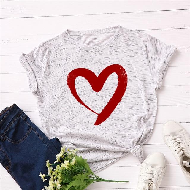 Heart Print T-Shirt Cotton O Neck Short Sleeve - Easy Pickins Store