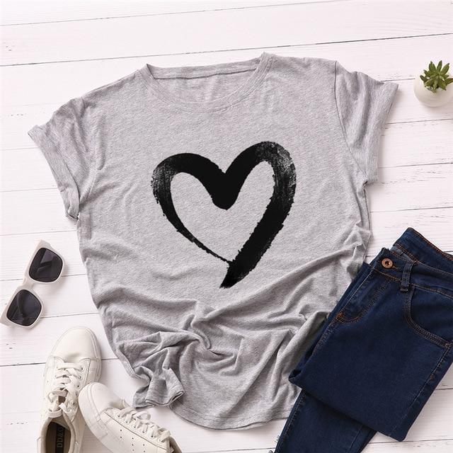 Heart Print T-Shirt Cotton O Neck Short Sleeve - Easy Pickins Store