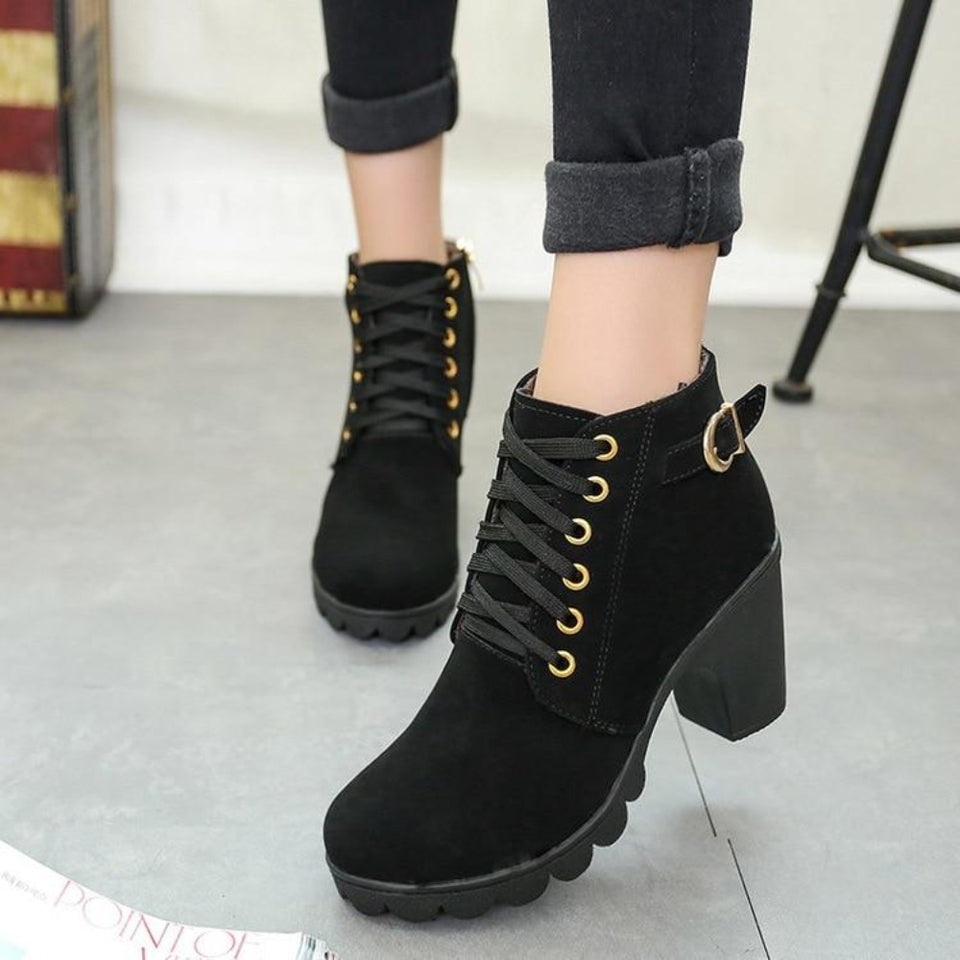 High Heel Lace Up Ankle Boots Buckle Platform Leather - Easy Pickins Store