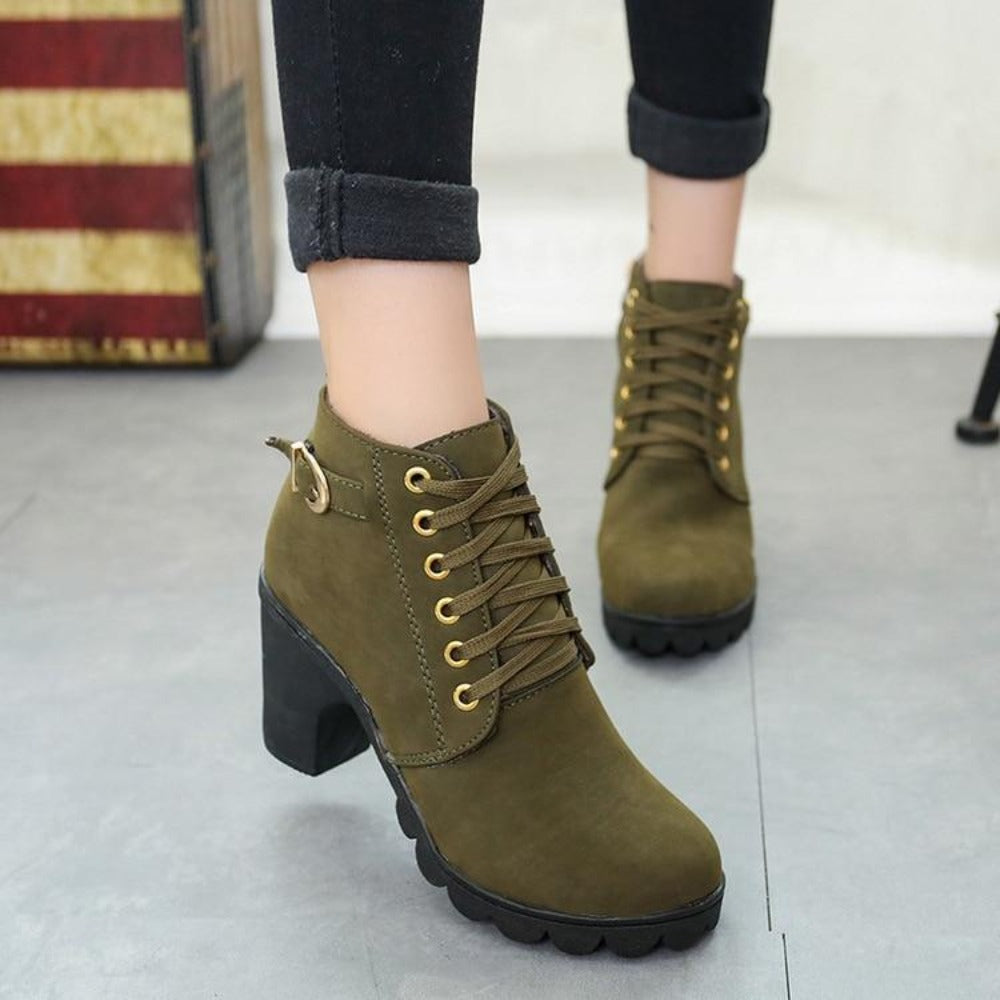 High Heel Lace Up Ankle Boots Buckle Platform Leather - Easy Pickins Store
