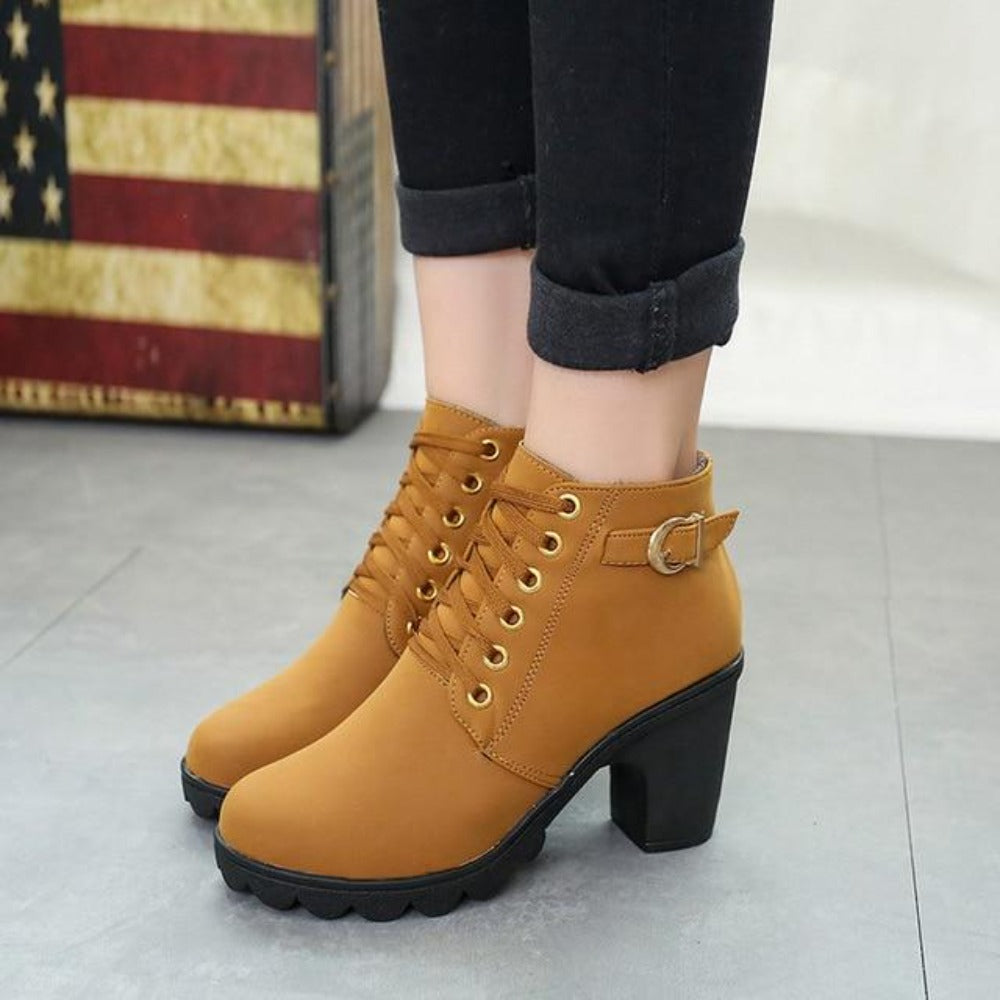 High Heel Lace Up Ankle Boots Buckle Platform Leather - Easy Pickins Store