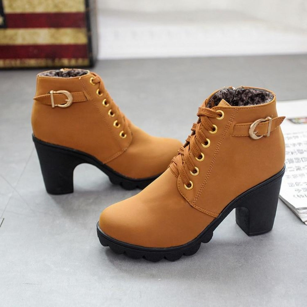 High Heel Lace Up Ankle Boots Buckle Platform Leather - Easy Pickins Store