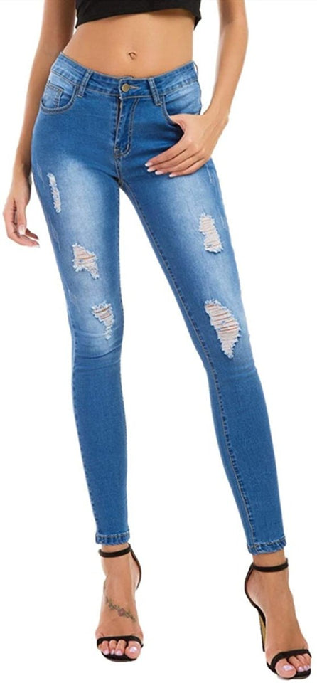 High Waist Butt Lift Stretch Ripped Skinny Jeans Distressed Denim - Easy Pickins Store