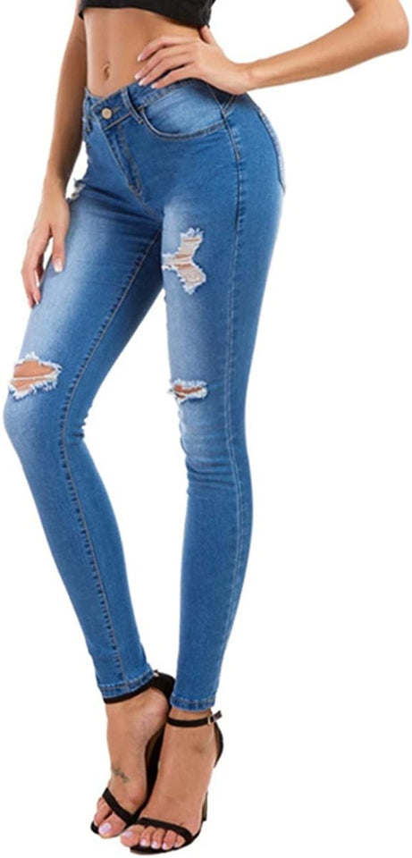 High Waist Butt Lift Stretch Ripped Skinny Jeans Distressed Denim - Easy Pickins Store
