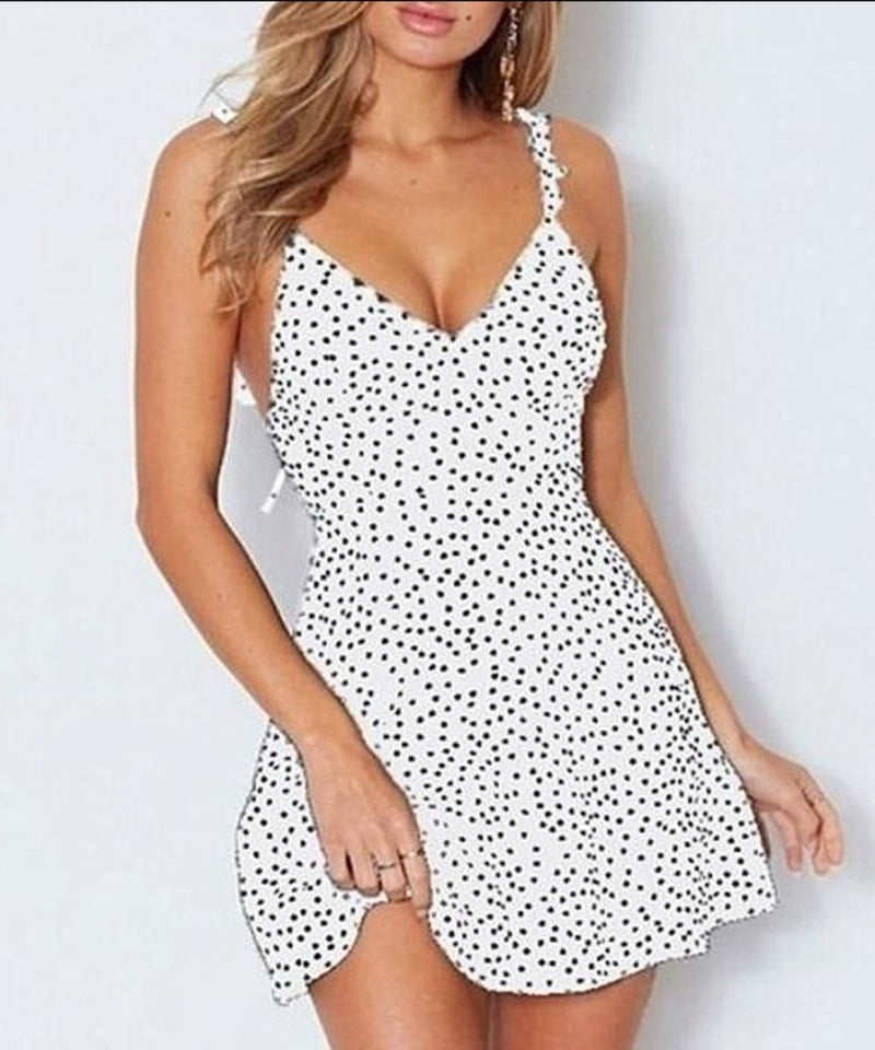 High Waist Dot Back Lacing Straps Mini Backless Dress - Easy Pickins Store