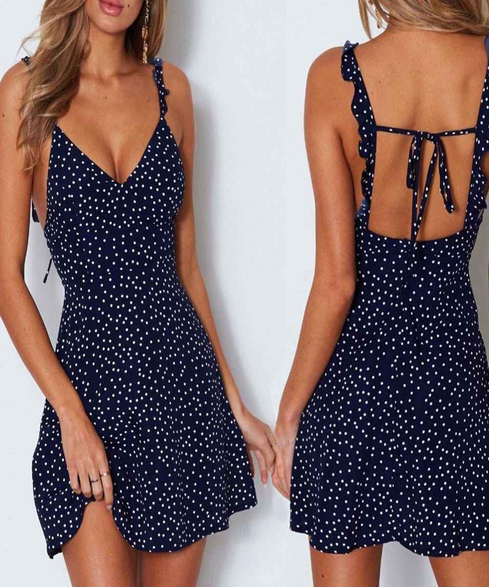 High Waist Dot Back Lacing Straps Mini Backless Dress - Easy Pickins Store