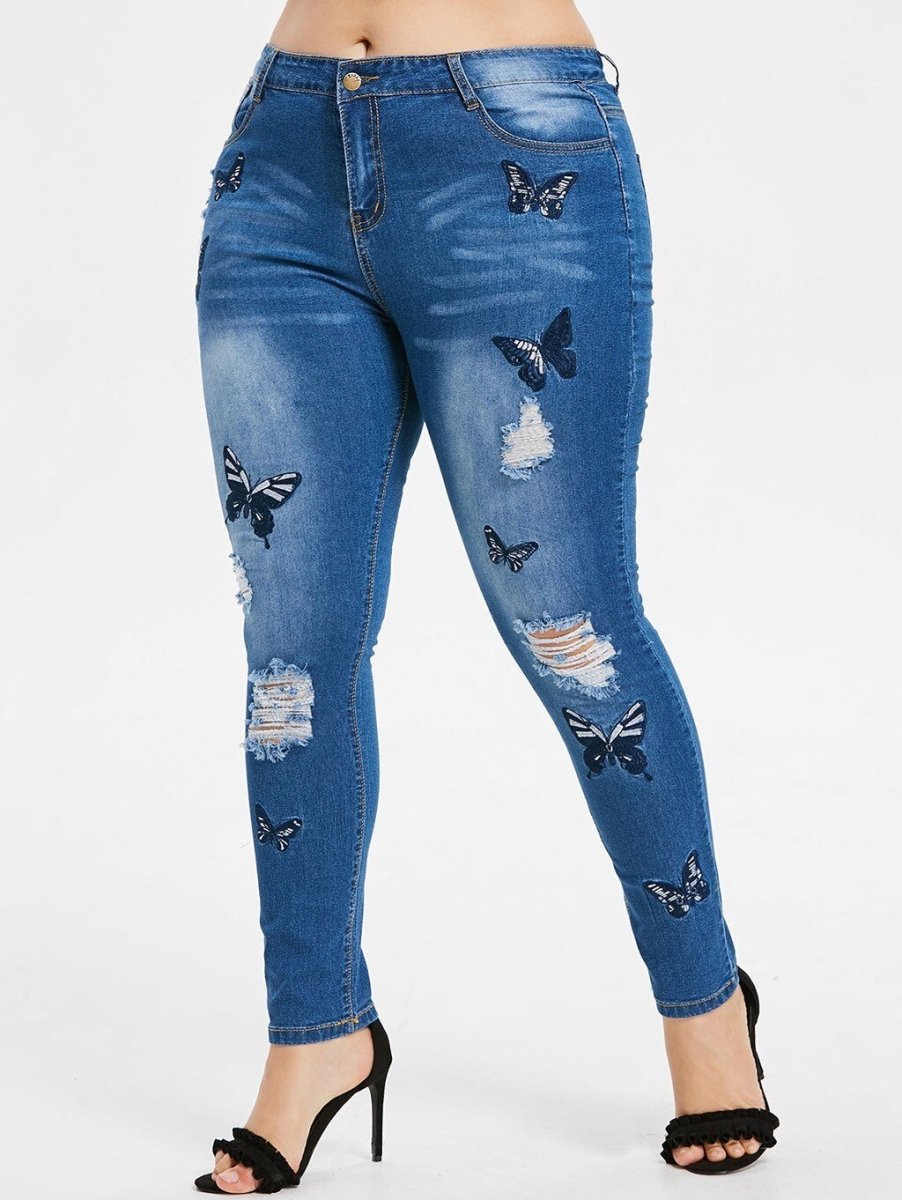 High Waist Hole Embroidery Printed Pockets Jeans - Easy Pickins Store