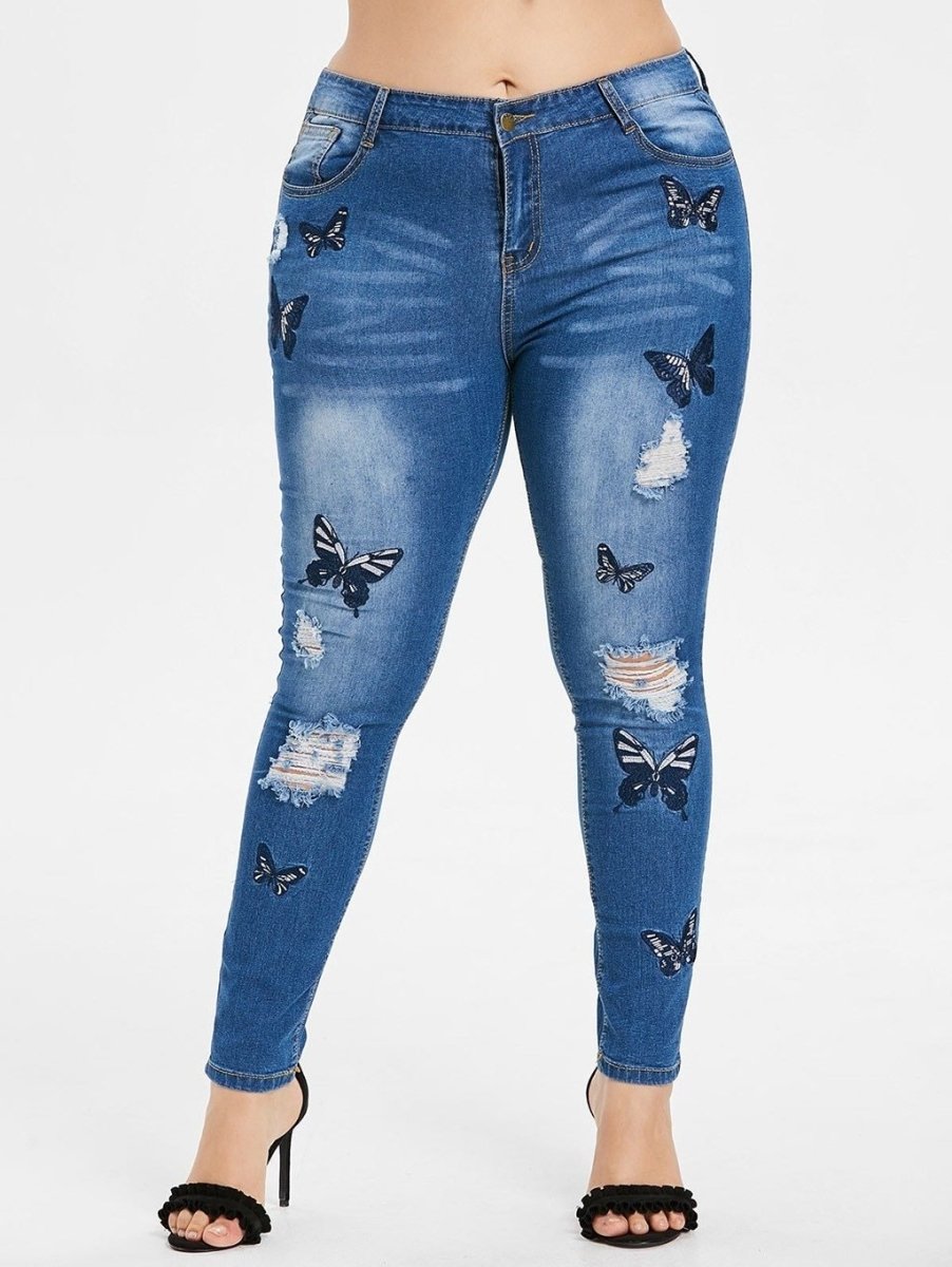 High Waist Hole Embroidery Printed Pockets Jeans - Easy Pickins Store