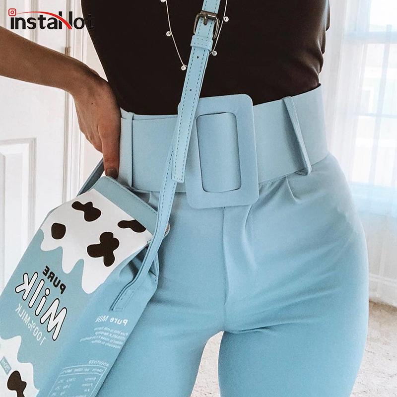 High Waist Pencil Pants Belt Ankle Length Zipper Straight Leg - Easy Pickins Store
