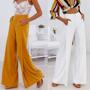 High Waist Wide Leg Pants Loose Office Long Yellow White Elegant - Easy Pickins Store