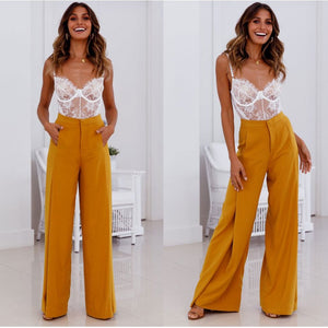 High Waist Wide Leg Pants Loose Office Long Yellow White Elegant - Easy Pickins Store