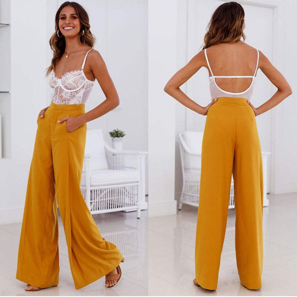High Waist Wide Leg Pants Loose Office Long Yellow White Elegant - Easy Pickins Store