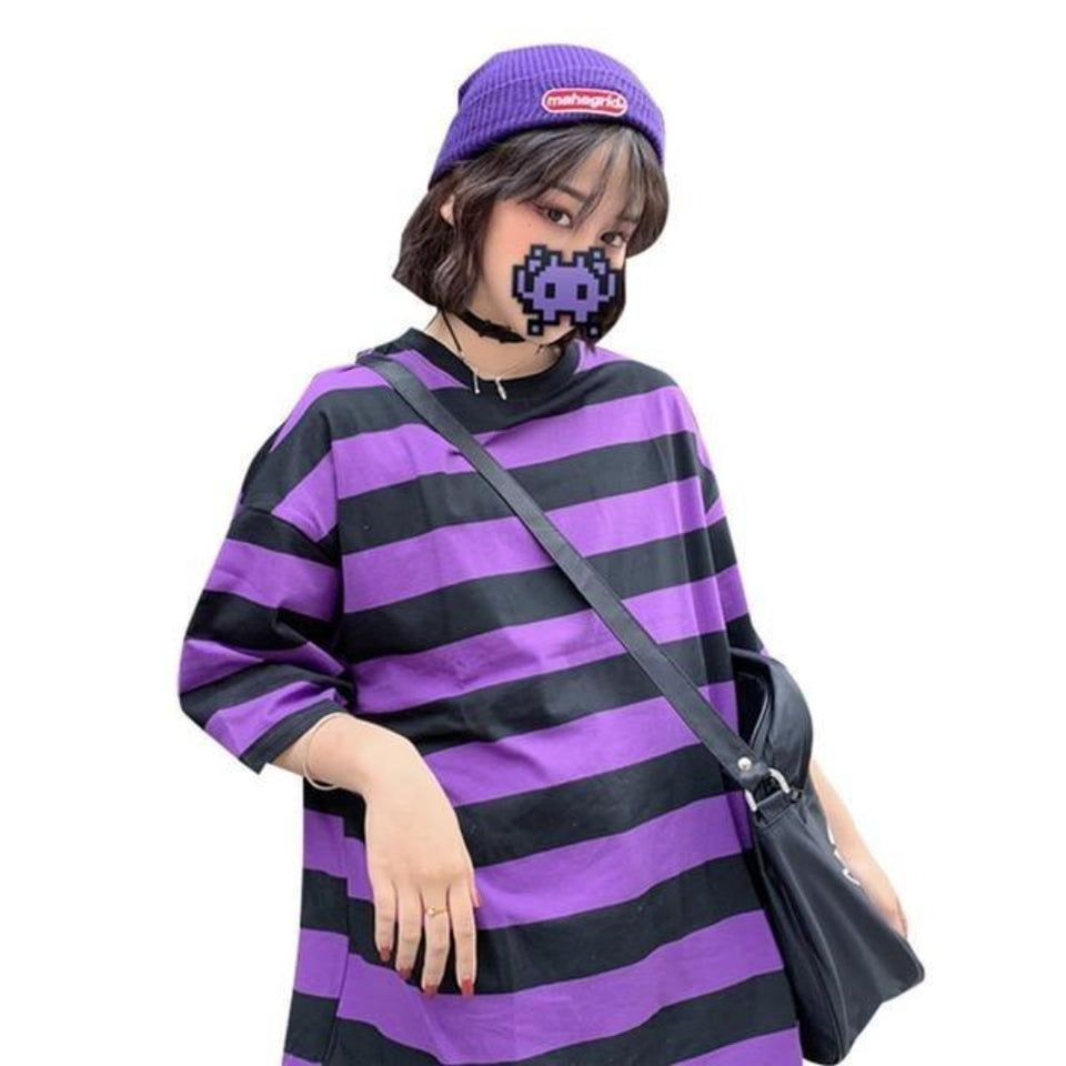 Hit Color Stripes T Shirt O Neck Loose - Easy Pickins Store