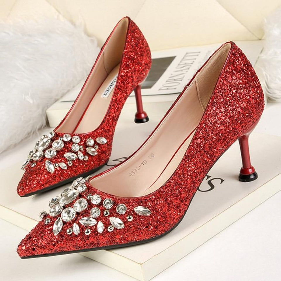 Kitten High Heels Rhinestone Pumps Sequins Gold Silver - Easy Pickins Store