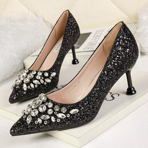 Kitten High Heels Rhinestone Pumps Sequins Gold Silver - Easy Pickins Store