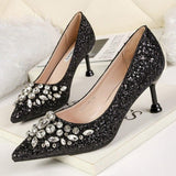 Kitten High Heels Rhinestone Pumps Sequins Gold Silver - Easy Pickins Store