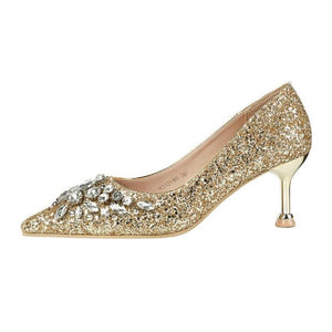 Kitten High Heels Rhinestone Pumps Sequins Gold Silver - Easy Pickins Store