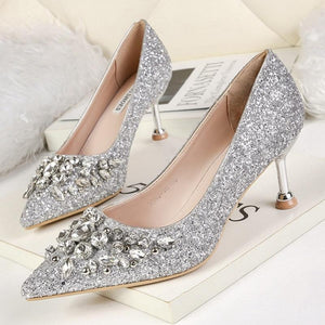 Kitten High Heels Rhinestone Pumps Sequins Gold Silver - Easy Pickins Store
