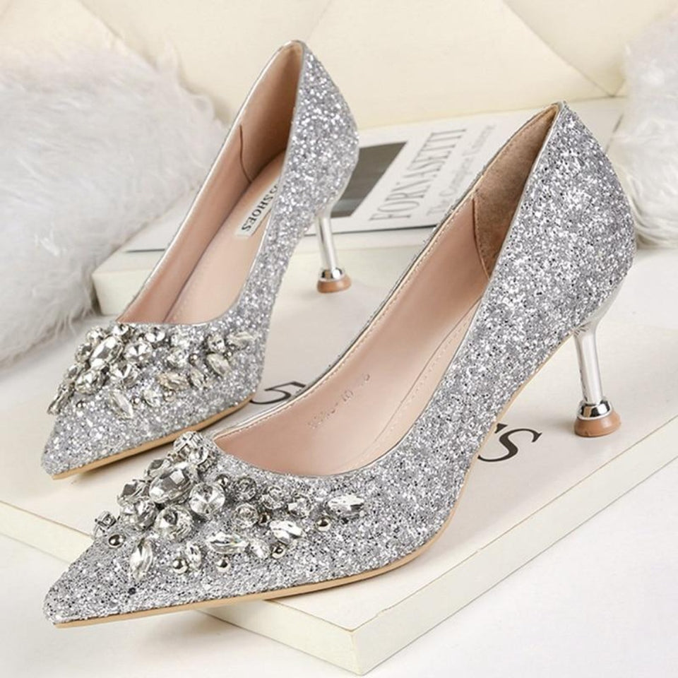 Kitten High Heels Rhinestone Pumps Sequins Gold Silver - Easy Pickins Store