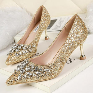 Kitten High Heels Rhinestone Pumps Sequins Gold Silver - Easy Pickins Store