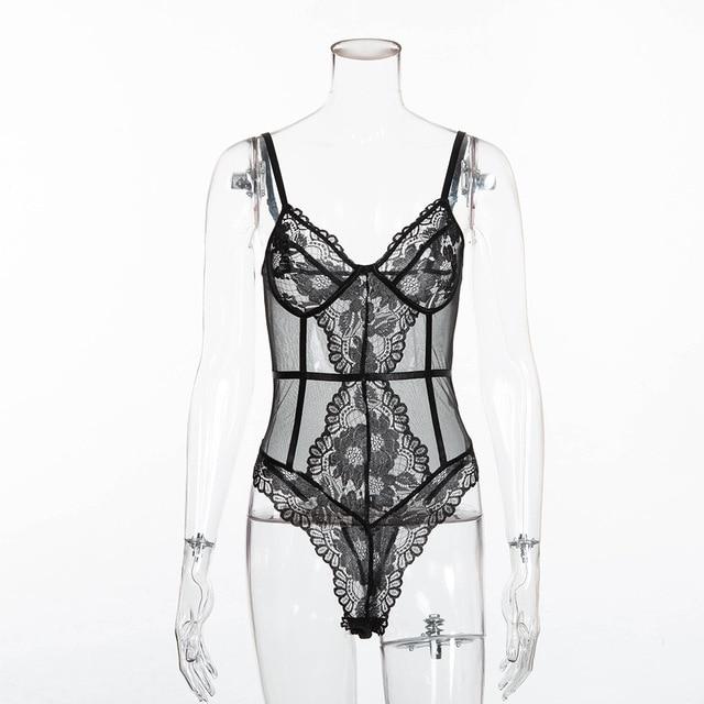 Lace Bodysuit One Piece Backless Jumpsuit Sheer Teddy Straps - Easy Pickins Store