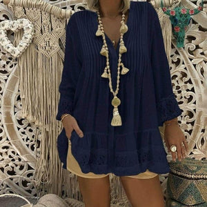 Lace Hollow Out V Neck Long Sleeve Tunic Loose Dot Baggy Blouse - Easy Pickins Store