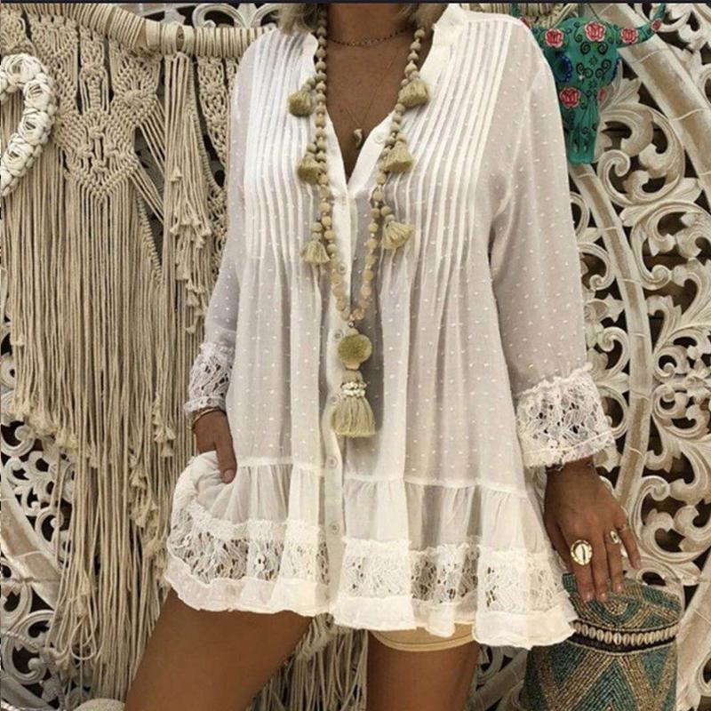 Lace Hollow Out V Neck Long Sleeve Tunic Loose Dot Baggy Blouse - Easy Pickins Store