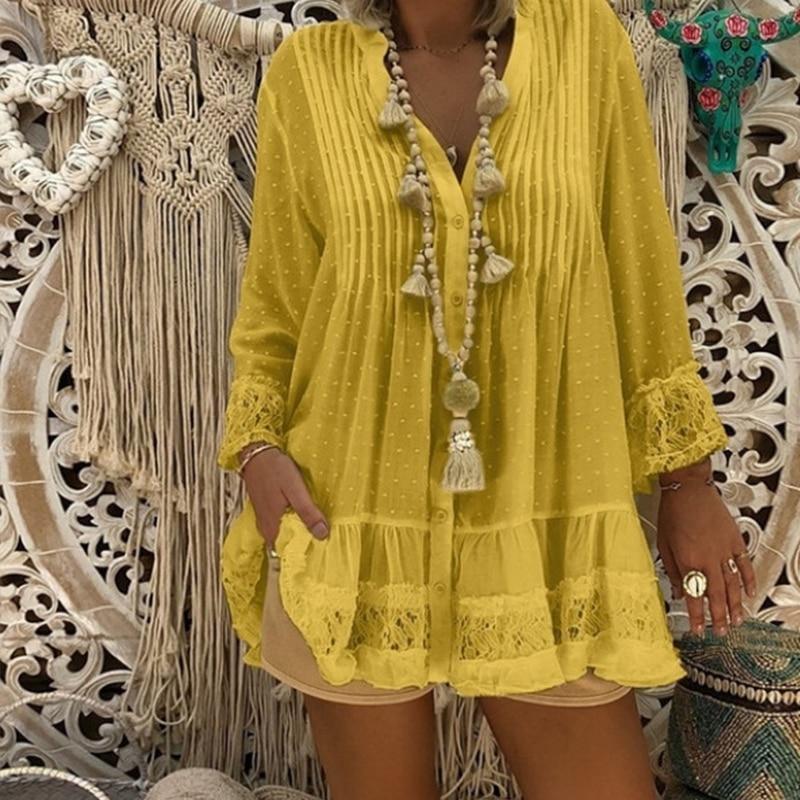 Lace Hollow Out V Neck Long Sleeve Tunic Loose Dot Baggy Blouse - Easy Pickins Store