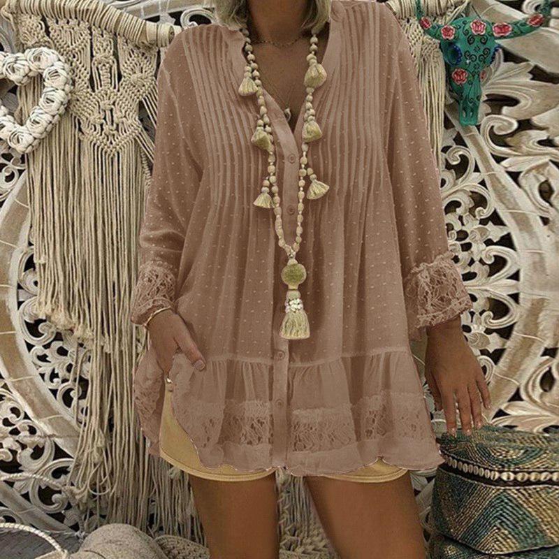 Lace Hollow Out V Neck Long Sleeve Tunic Loose Dot Baggy Blouse - Easy Pickins Store