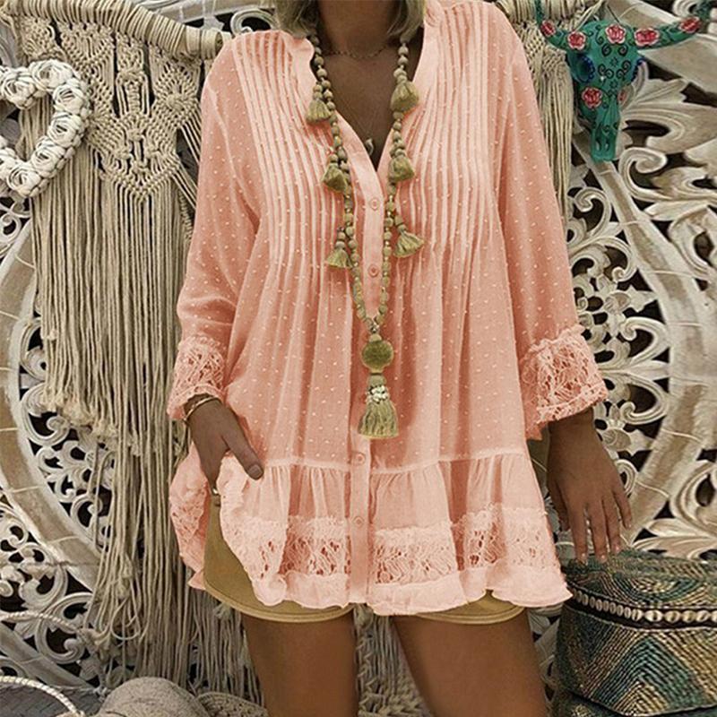 Lace Hollow Out V Neck Long Sleeve Tunic Loose Dot Baggy Blouse - Easy Pickins Store