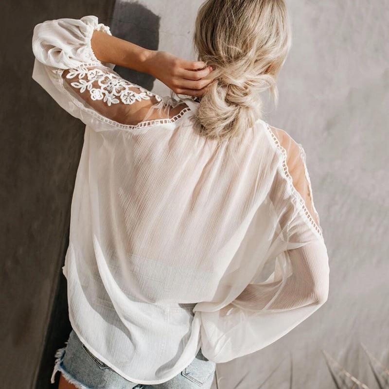 Lace Mesh Embroidery Patchwork Long Sleeve Chiffon Blouse - Easy Pickins Store