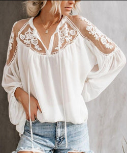 Lace Mesh Embroidery Patchwork Long Sleeve Chiffon Blouse - Easy Pickins Store