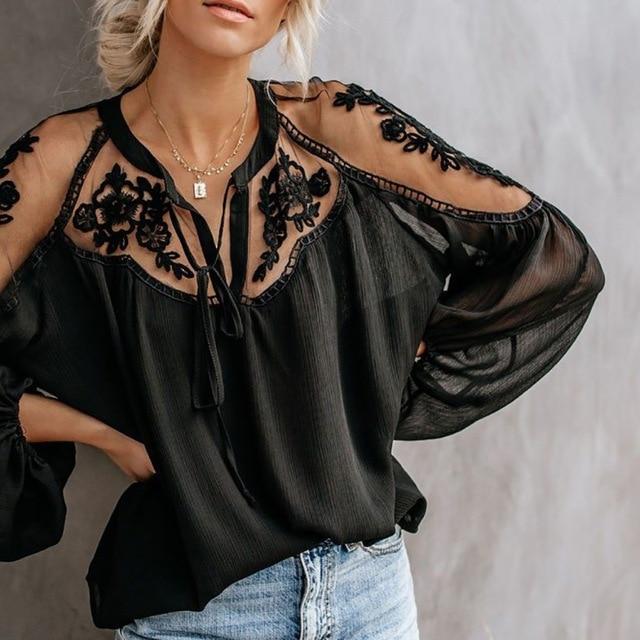 Lace Mesh Embroidery Patchwork Long Sleeve Chiffon Blouse - Easy Pickins Store