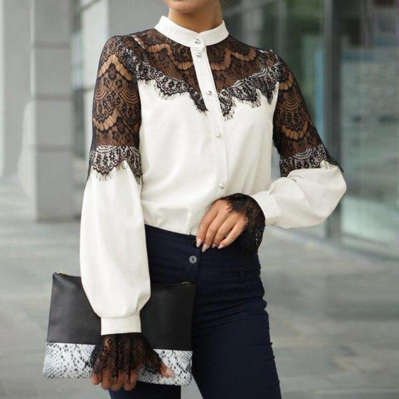 Lace Patchwork Long Sleeve Blouse - Easy Pickins Store