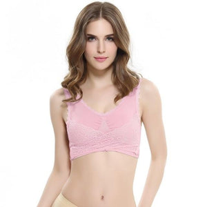 Lace Solid Color Cross Side Buckle Wireless Push up Breathable Sleep Sports Bra - Easy Pickins Store