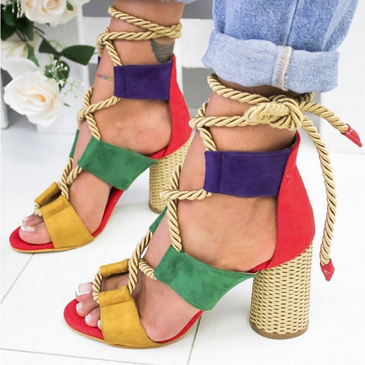 Lace Up High Thick Heels Gladiator Sandals - Easy Pickins Store