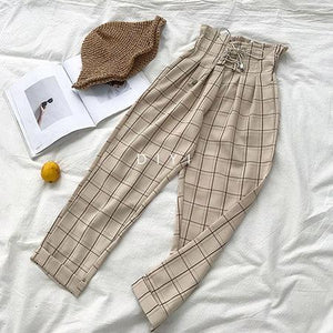 Lace Up High Waist Ankle Length Loose Plaid Harem Pants - Easy Pickins Store