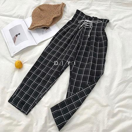 Lace Up High Waist Ankle Length Loose Plaid Harem Pants - Easy Pickins Store