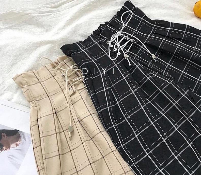 Lace Up High Waist Ankle Length Loose Plaid Harem Pants - Easy Pickins Store