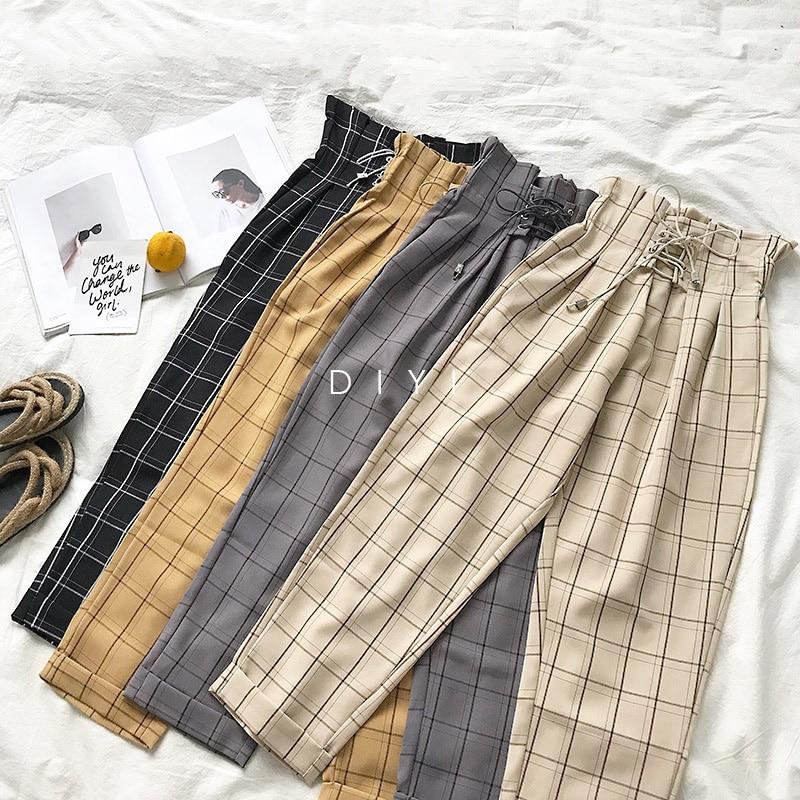 Lace Up High Waist Ankle Length Loose Plaid Harem Pants - Easy Pickins Store