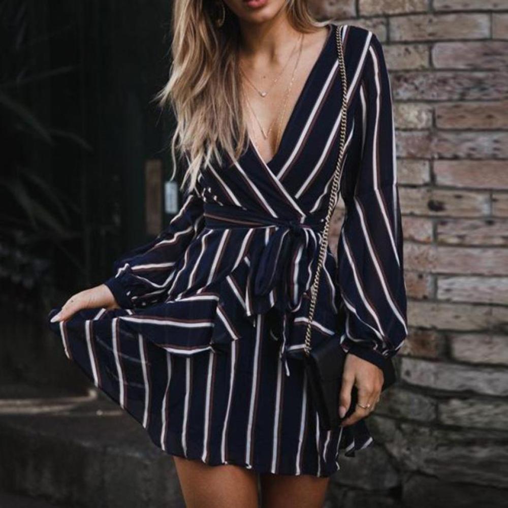 Lantern Sleeve Striped V Neck Ruffle Dress - Easy Pickins Store