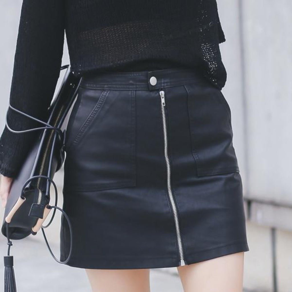 Leather Pockets Zipper A line Hip High Waist Sexy Mini Skirt - Easy Pickins Store