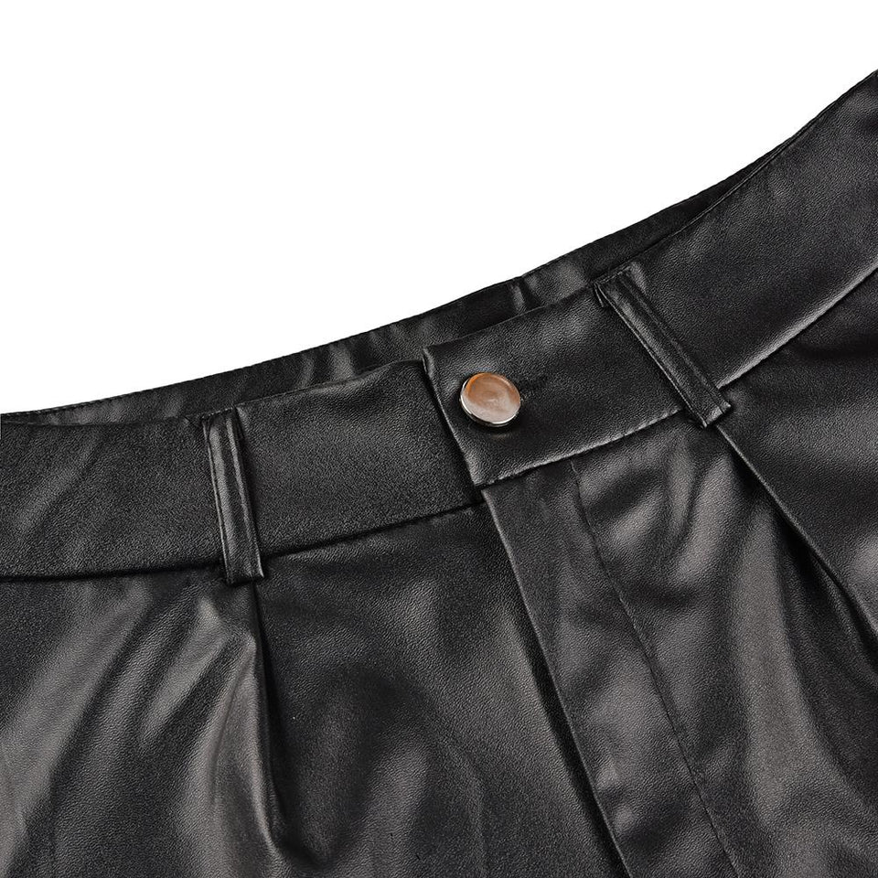 Leather Shorts England Style Bottoms Black Short Casual Leather Shorts High Waist Shorts with Belt - Easy Pickins Store