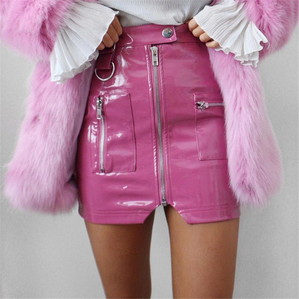 Leather Split Zipper High Waist Slim A line Skirt - Easy Pickins Store