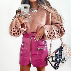 Leather Split Zipper High Waist Slim A line Skirt - Easy Pickins Store