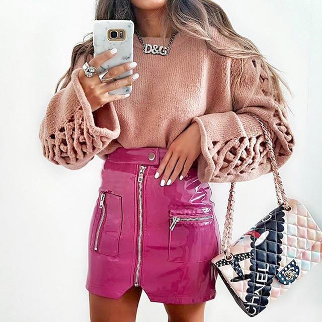 Leather Split Zipper High Waist Slim A line Skirt - Easy Pickins Store