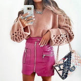 Leather Split Zipper High Waist Slim A line Skirt - Easy Pickins Store