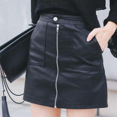 Leather With Pockets Zipper A line Hip High Waist Sexy Mini Skirt - Easy Pickins Store