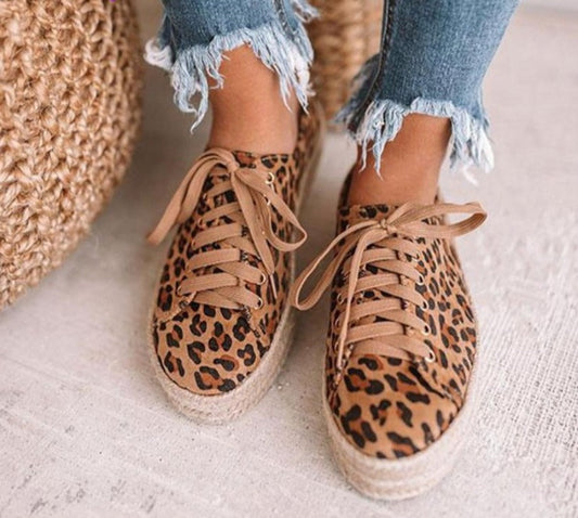 Leopard Lace Up Canvas Platform Sneakers Comfortable - Easy Pickins Store