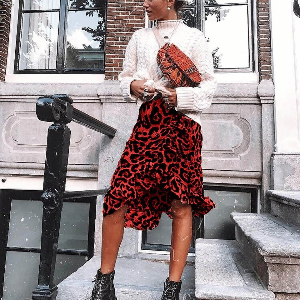 Leopard Midi High Waist Asymmetrical Ruffle Irregular Skirt - Easy Pickins Store
